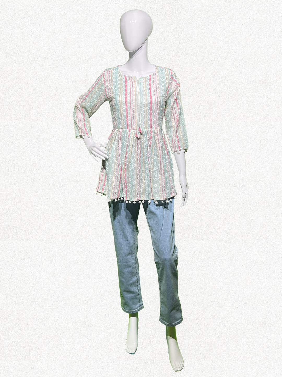 Happiora Pastel Bloom: Striped Embroidered Peplum Tunic