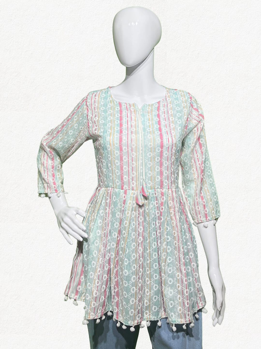 Happiora Pastel Bloom: Striped Embroidered Peplum Tunic