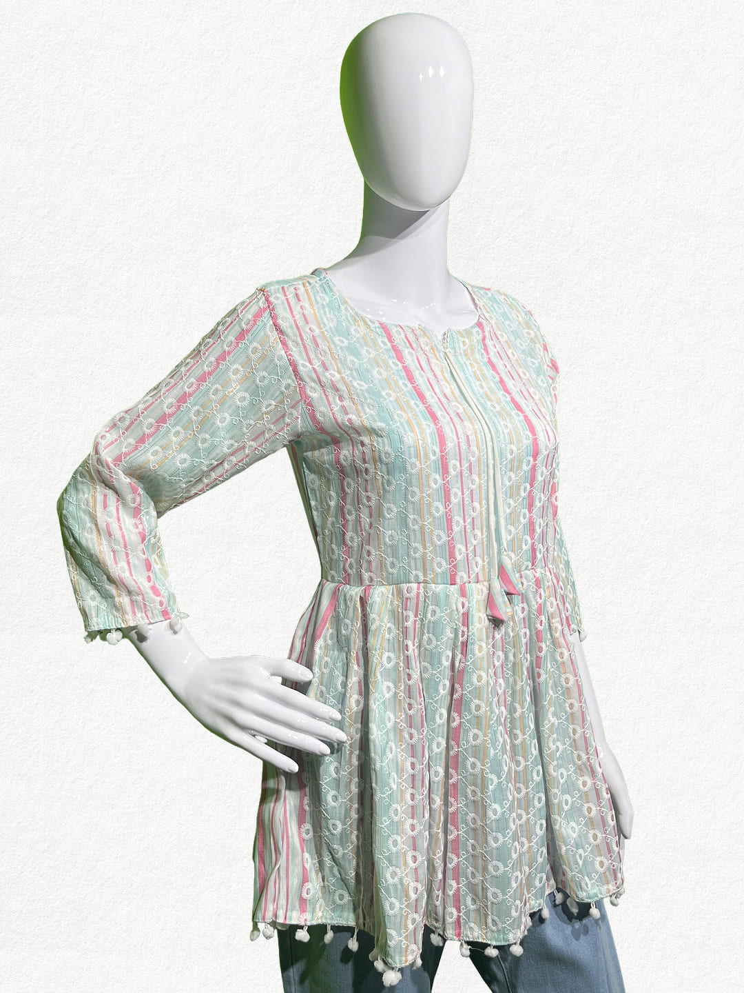 Happiora Pastel Bloom: Striped Embroidered Peplum Tunic