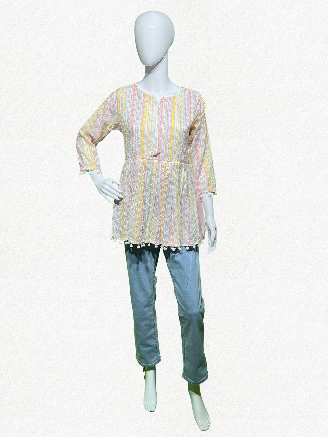 Happiora Pastel Bloom: Striped Embroidered Peplum Tunic