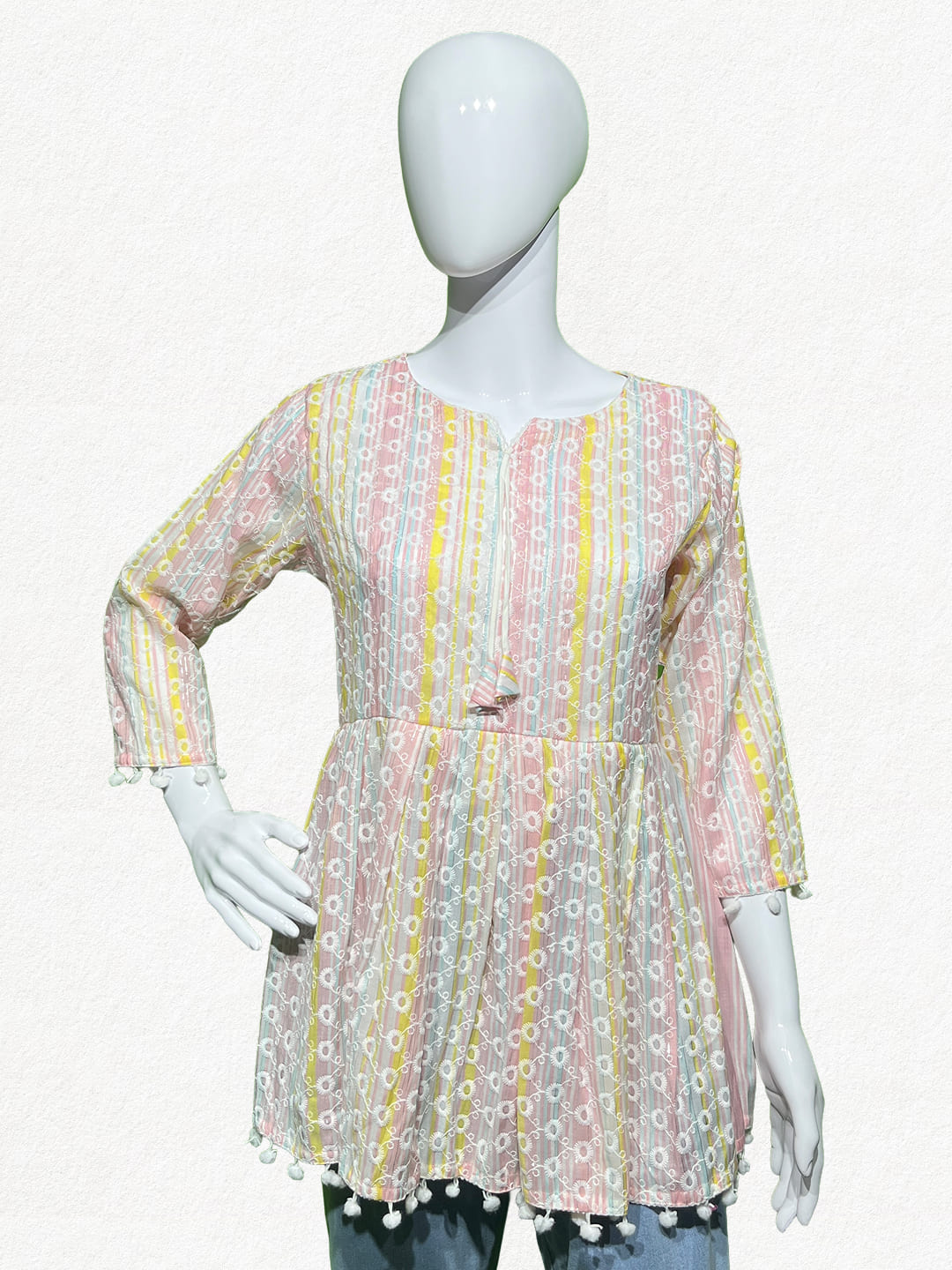 Happiora Pastel Bloom: Striped Embroidered Peplum Tunic