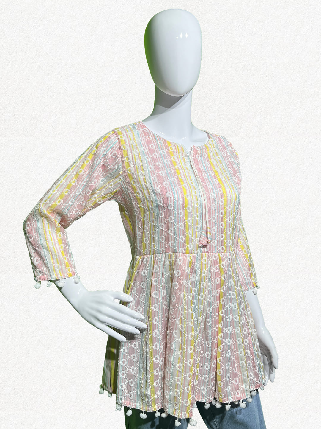 Happiora Pastel Bloom: Striped Embroidered Peplum Tunic