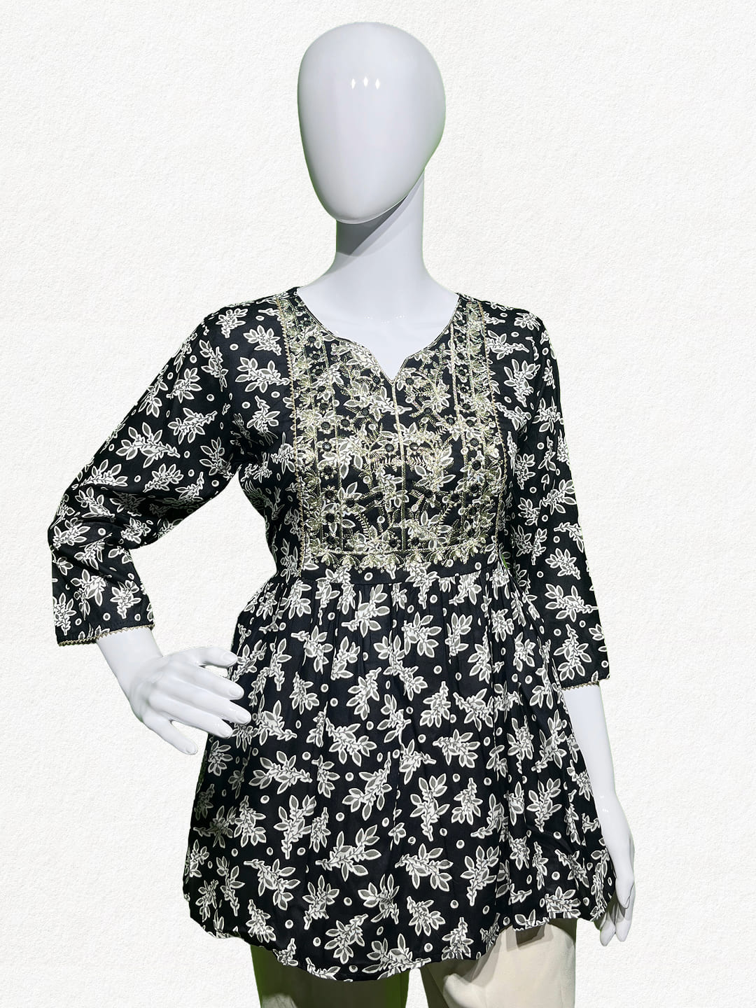 Nocturnal Blossom: Black Floral Embroidered Peplum Tunic