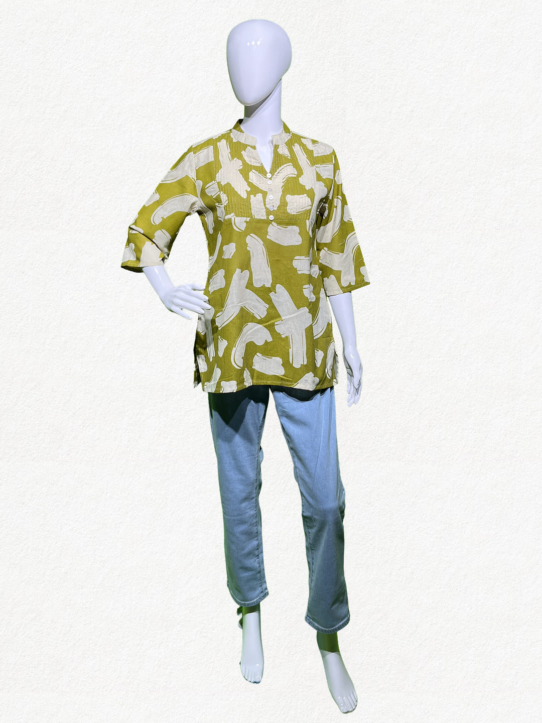 Happiora Olive Brushstroke: Pintuck Cotton Short Kurti