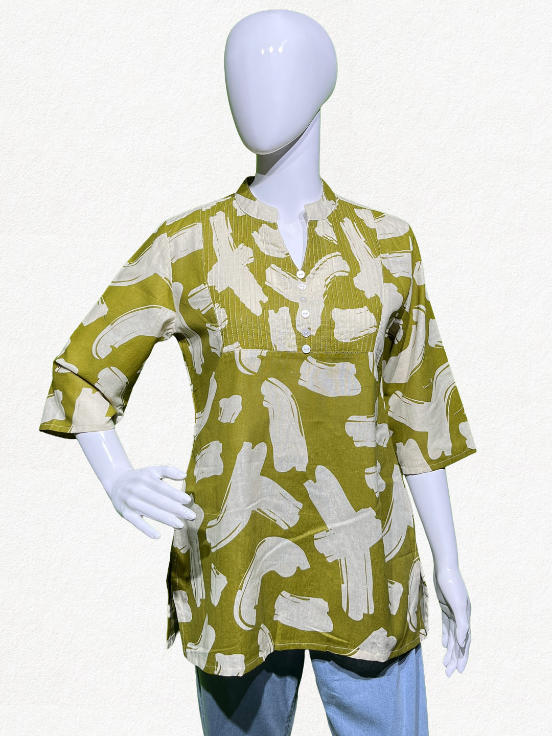 Happiora Olive Brushstroke: Pintuck Cotton Short Kurti