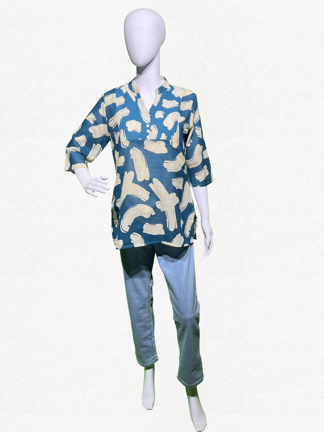 Happiora Denim Blue Brushstroke: Pintuck Cotton Short Kurti