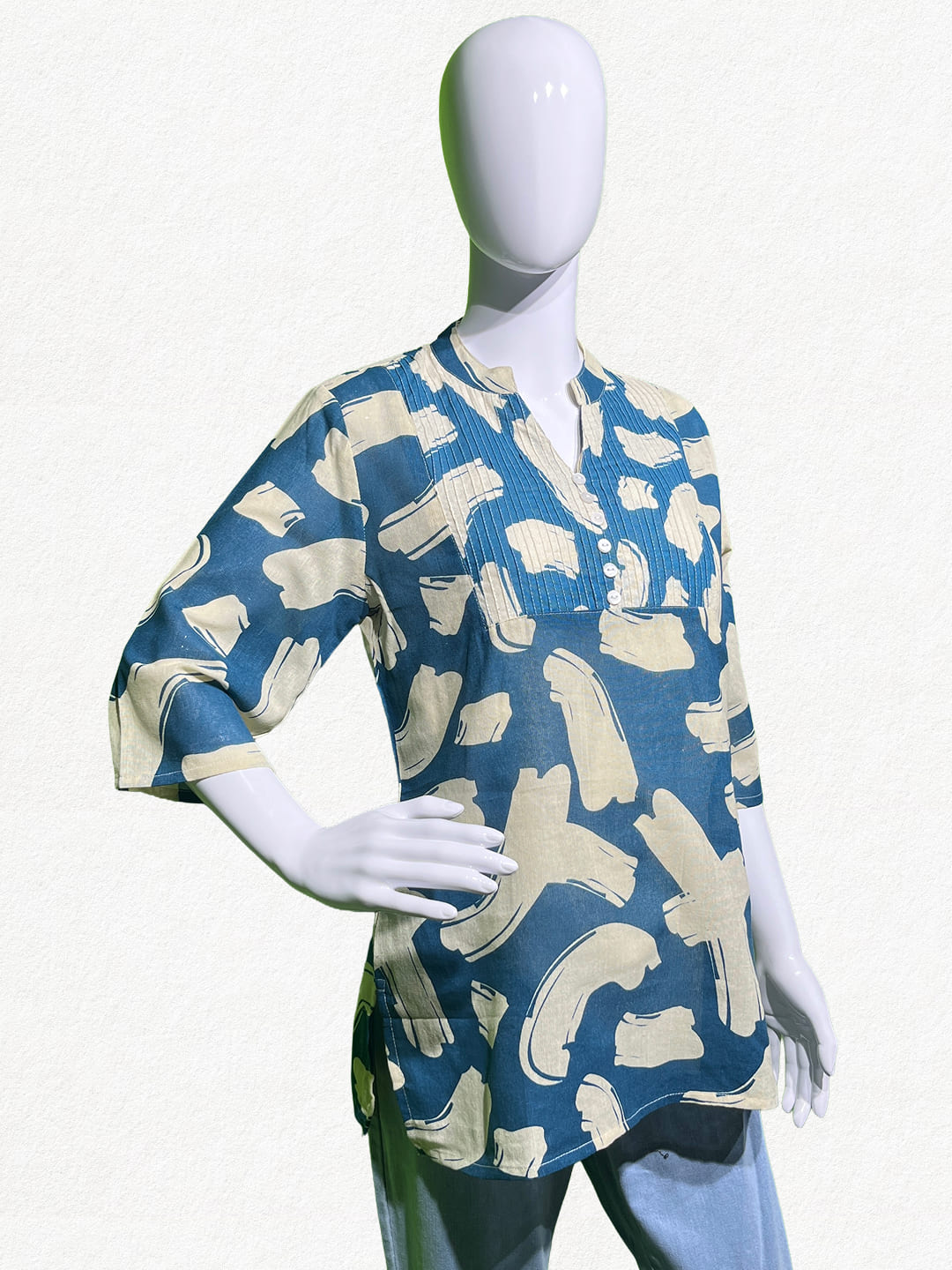 Happiora Denim Blue Brushstroke: Pintuck Cotton Short Kurti