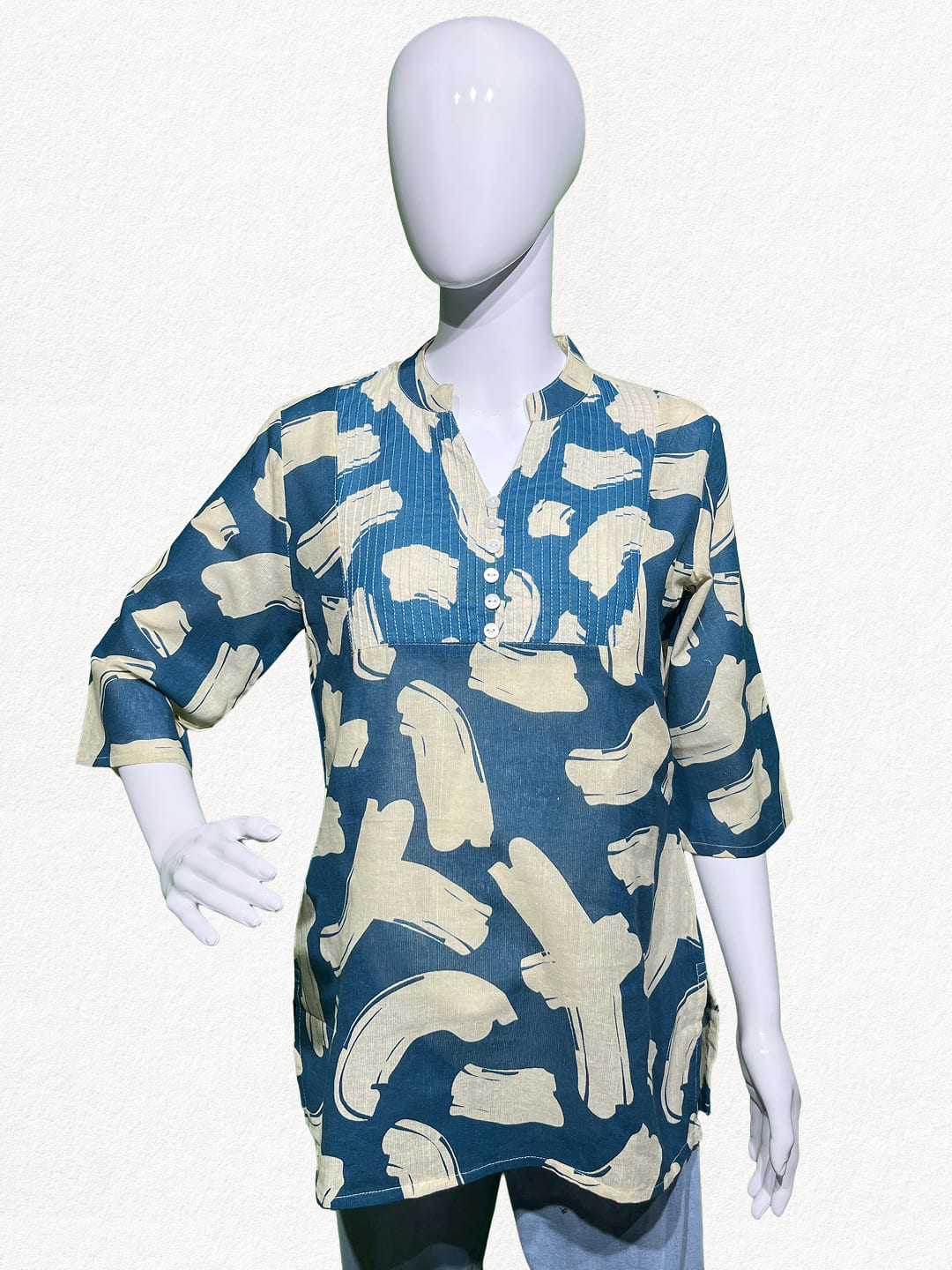 Happiora Denim Blue Brushstroke: Pintuck Cotton Short Kurti
