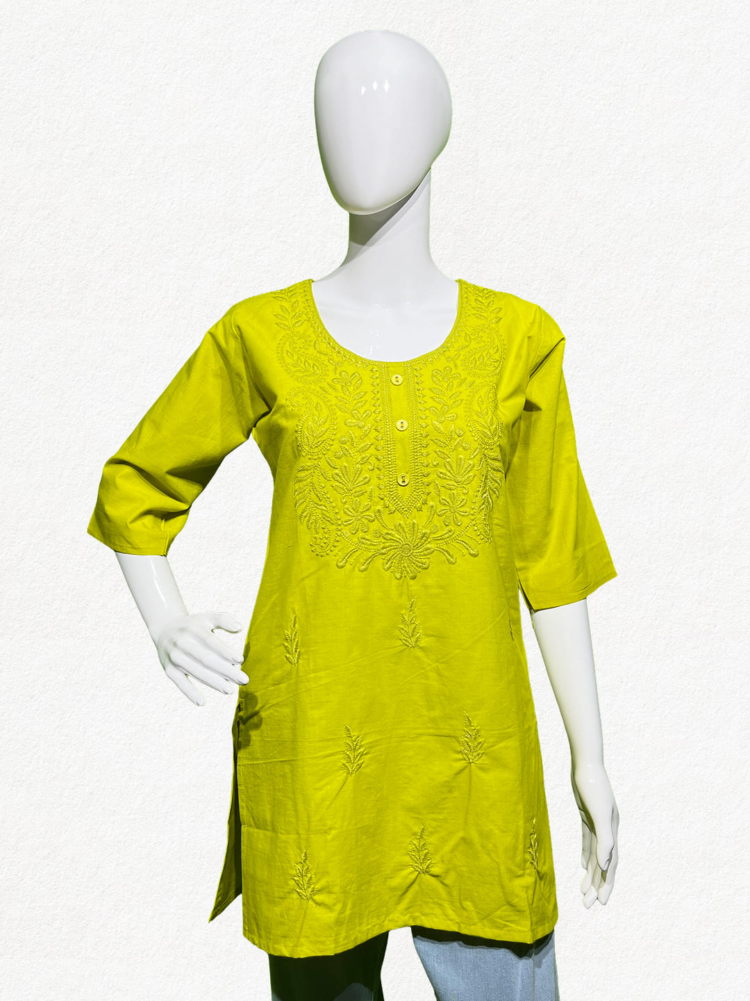 Happiora Lime Radiance: Tonal Embroidered Cotton Kurti