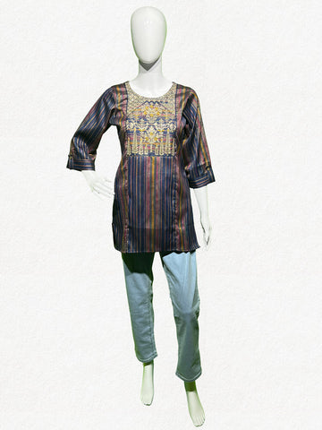 Happiora Jewel Stripe: Embroidered Silk-Blend Kurti