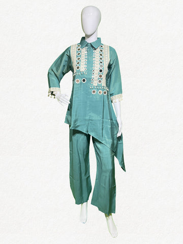 Happiora Aqua Radiance: Mirror-Work Asymmetrical Co-ord Set