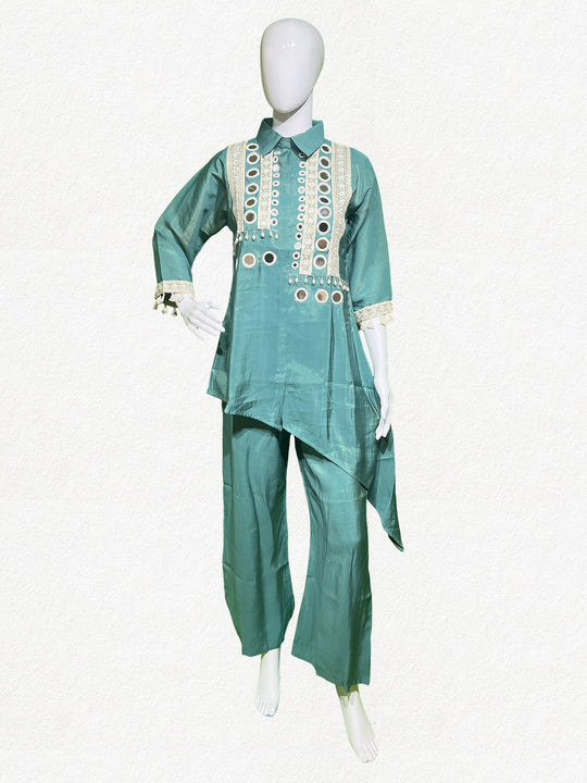 Happiora Aqua Radiance: Mirror-Work Asymmetrical Co-ord Set