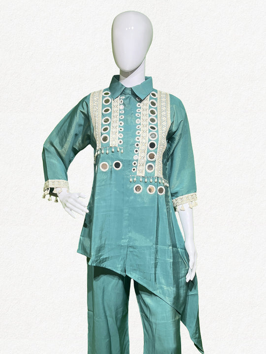 Happiora Aqua Radiance: Mirror-Work Asymmetrical Co-ord Set