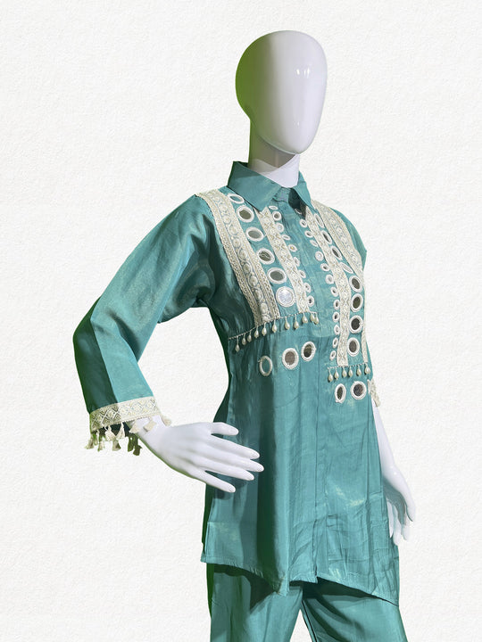 Happiora Aqua Radiance: Mirror-Work Asymmetrical Co-ord Set